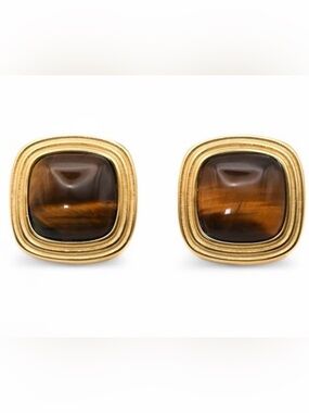 Golden Horizon Tiger Eye Stone &18ct Gold Plated Square Earrings NWOT Retail$106